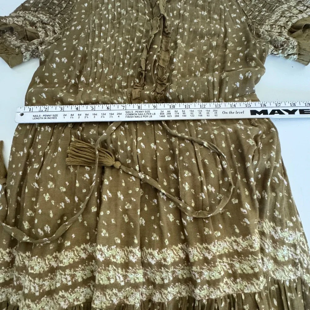 Free‎ People Rare Feelings Maxi Dress Olive Green Floral Boho Tiered Smocked S